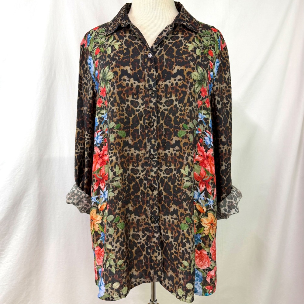 JOHN MARK Floral Leopard Print Button Up Tunic Top Women L Roll Tab Sleeve Artsy